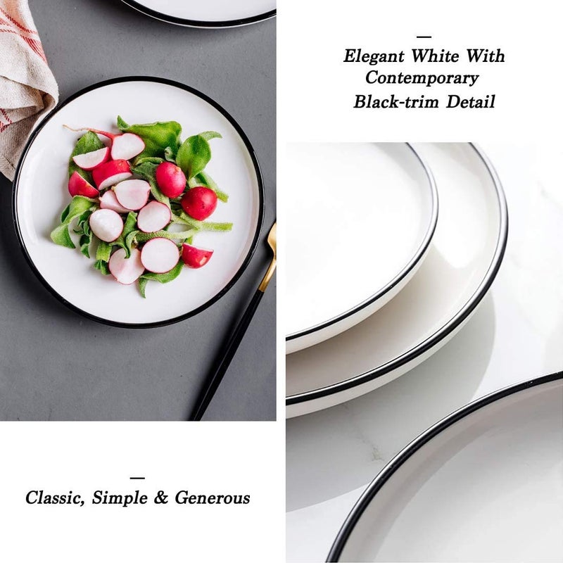 BonNoces 10 Inch Porcelain Dinner Plates, Elegant White with Black Edges Design, Classic Round Serving Plates Set for Steak, Pasta, and Salad, Set of 6 - Image 5